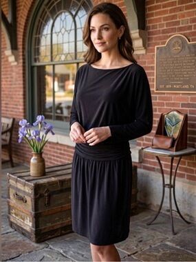 Kasper Black 3/4 Sleeve Dress with Gathered Waist